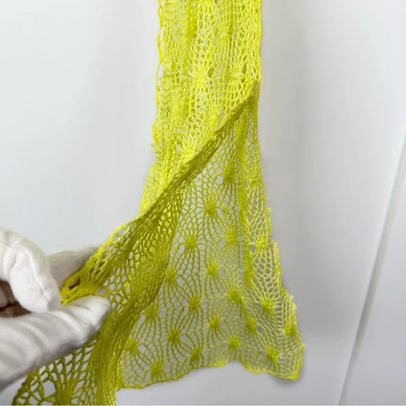 KIM SHUI Exclusive Asymmetrical Sheer Crochet Turtleneck Top Neon Yellow Size S - Picture 7 of 12